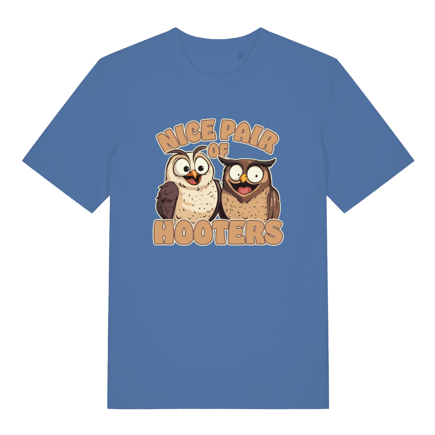 blue matching t-shirt with the graphic of two owls and the slogan 'nice pair of hooters'