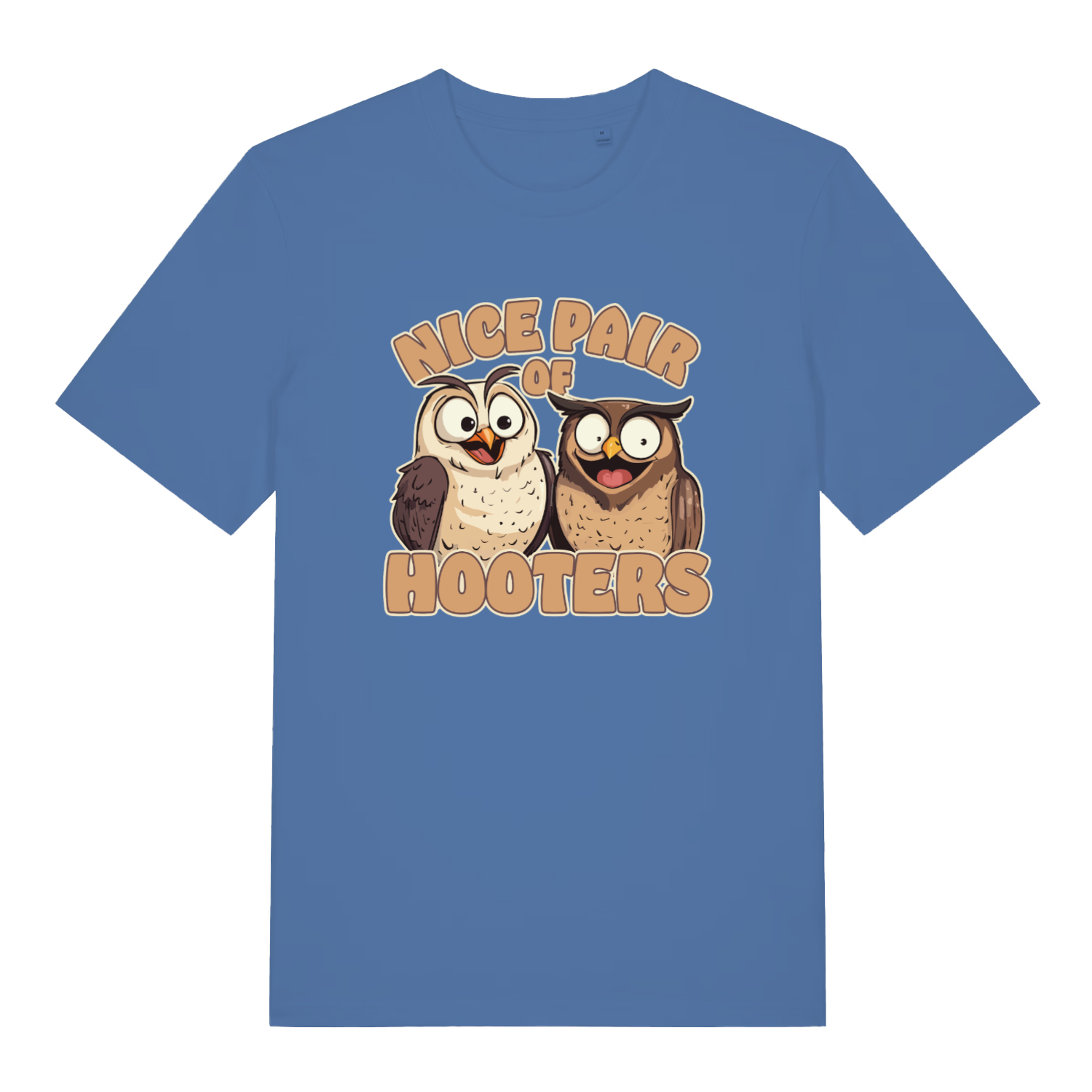 blue matching t-shirt with the graphic of two owls and the slogan 'nice pair of hooters'