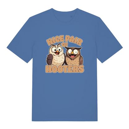 blue matching t-shirt with the graphic of two owls and the slogan 'nice pair of hooters'