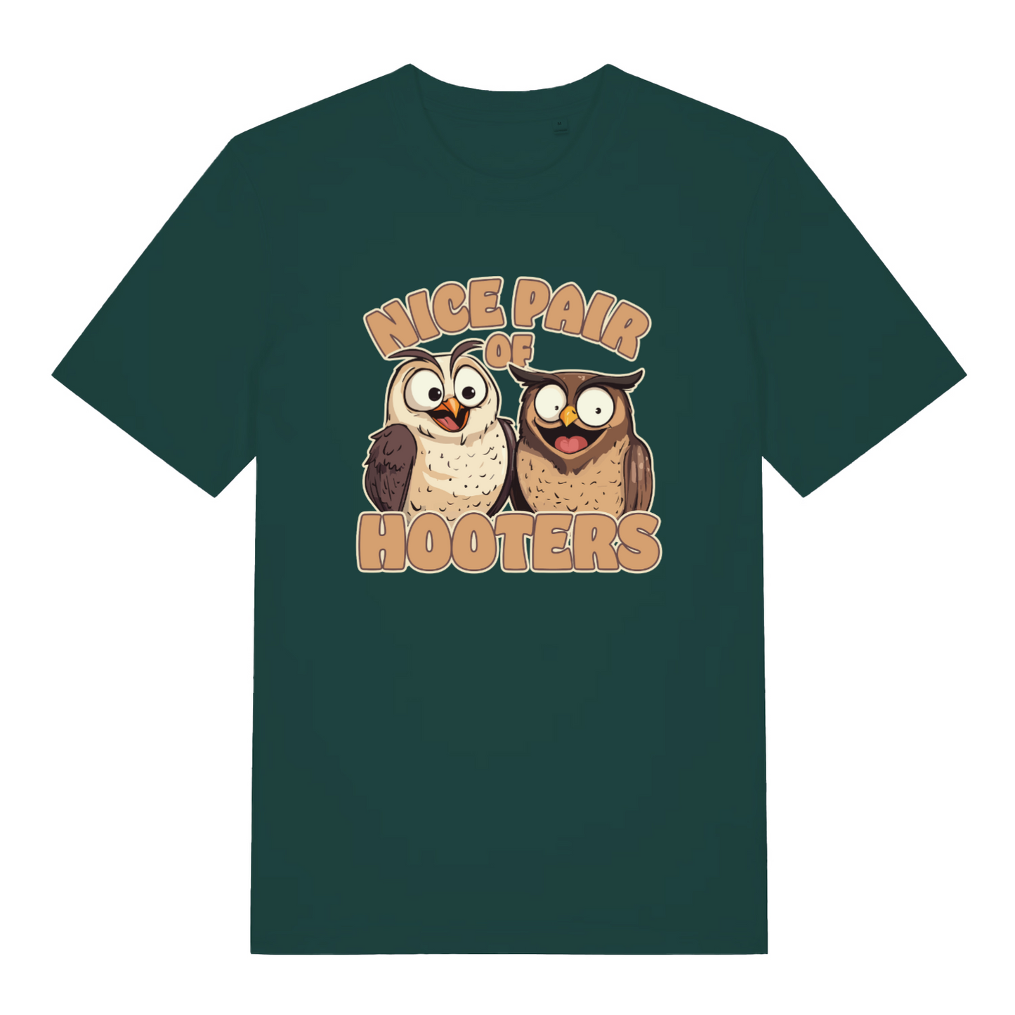 green matching t-shirt with the graphic of two owls and the slogan 'nice pair of hooters'
