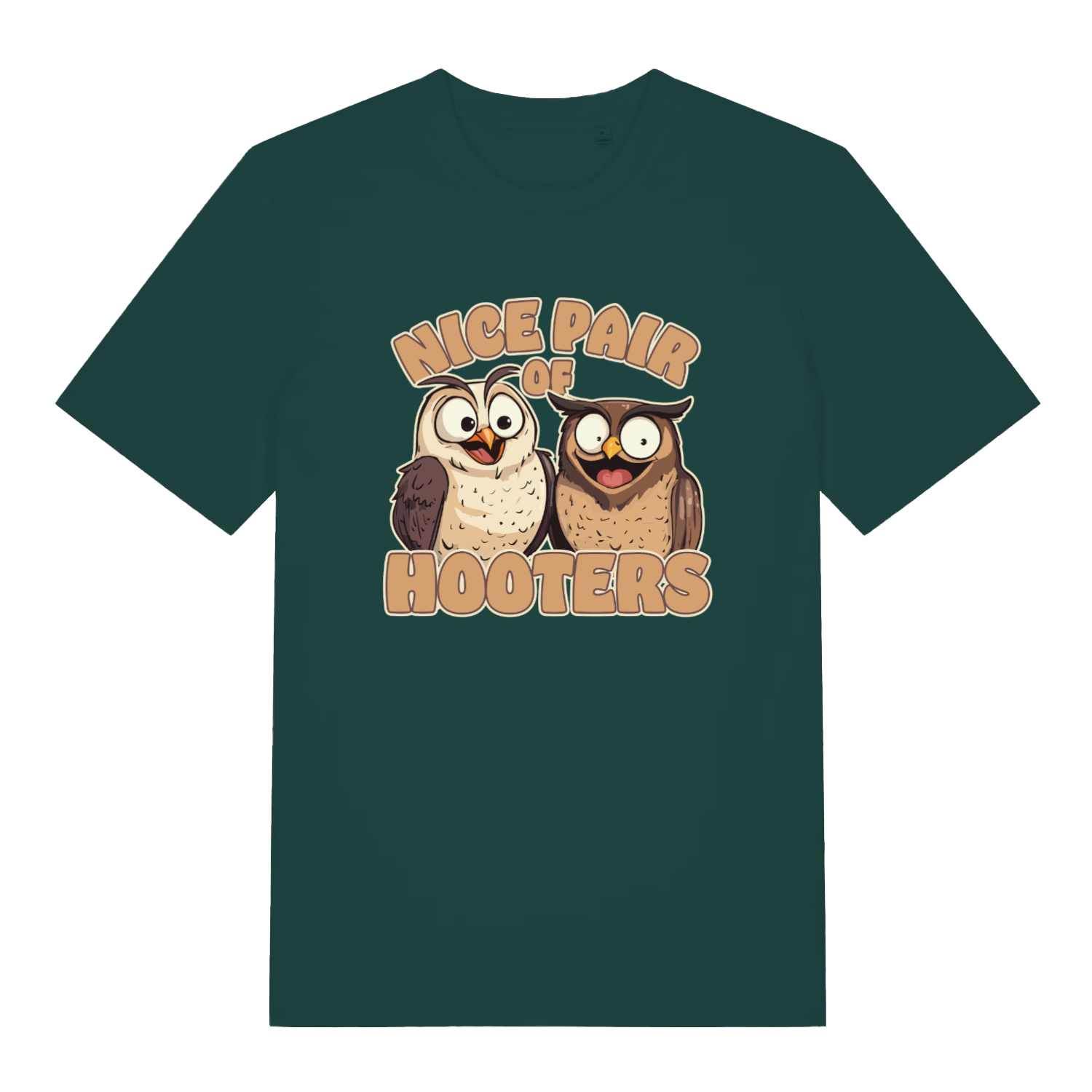 green matching t-shirt with the graphic of two owls and the slogan 'nice pair of hooters'