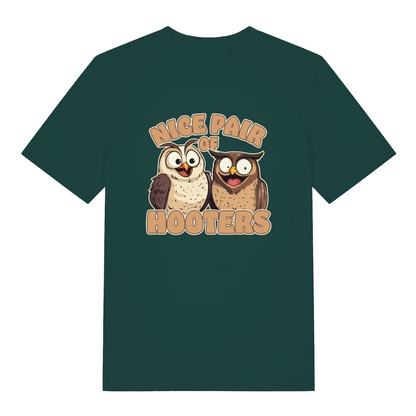 green matching t-shirt with the graphic of two owls and the slogan 'nice pair of hooters'