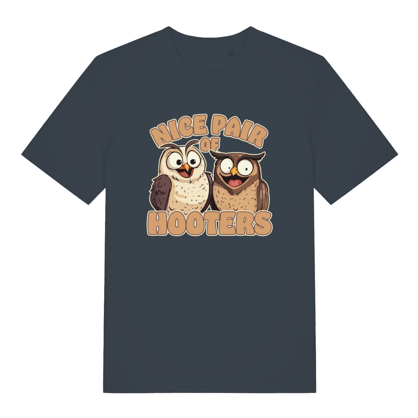 ink grey matching t-shirt with the graphic of two owls and the slogan 'nice pair of hooters'