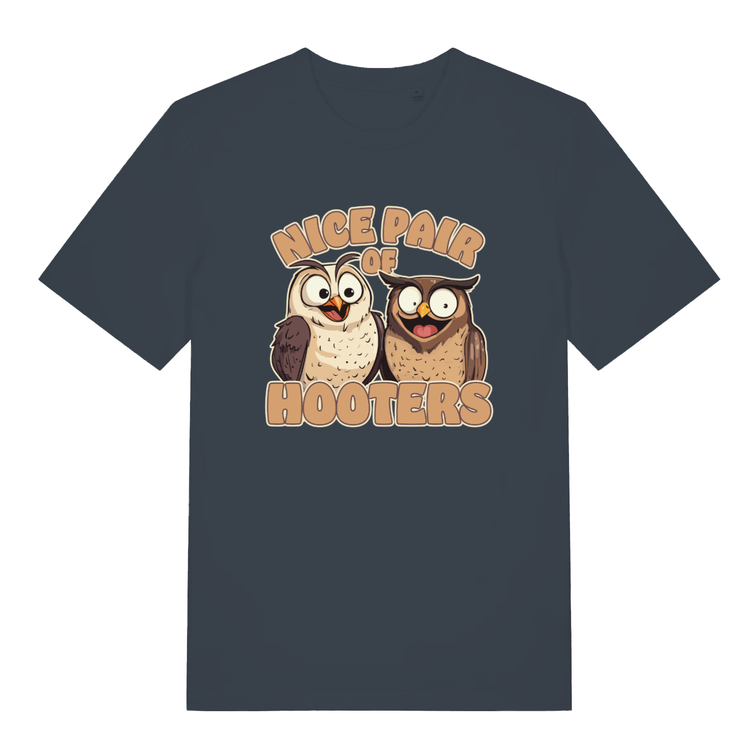 ink grey matching t-shirt with the graphic of two owls and the slogan 'nice pair of hooters'
