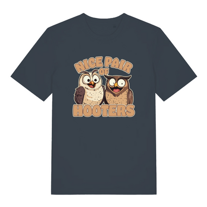 ink grey matching t-shirt with the graphic of two owls and the slogan 'nice pair of hooters'