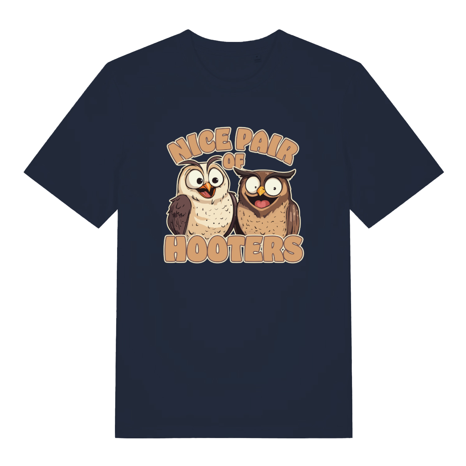 navy matching t-shirt with the graphic of two owls and the slogan 'nice pair of hooters'