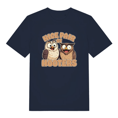 navy matching t-shirt with the graphic of two owls and the slogan 'nice pair of hooters'