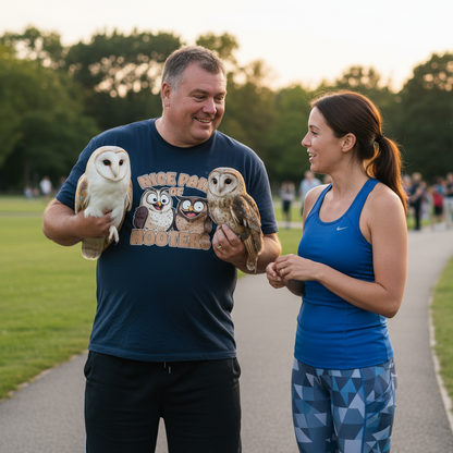 Man holding two owls and a woman walking on a path in a park
