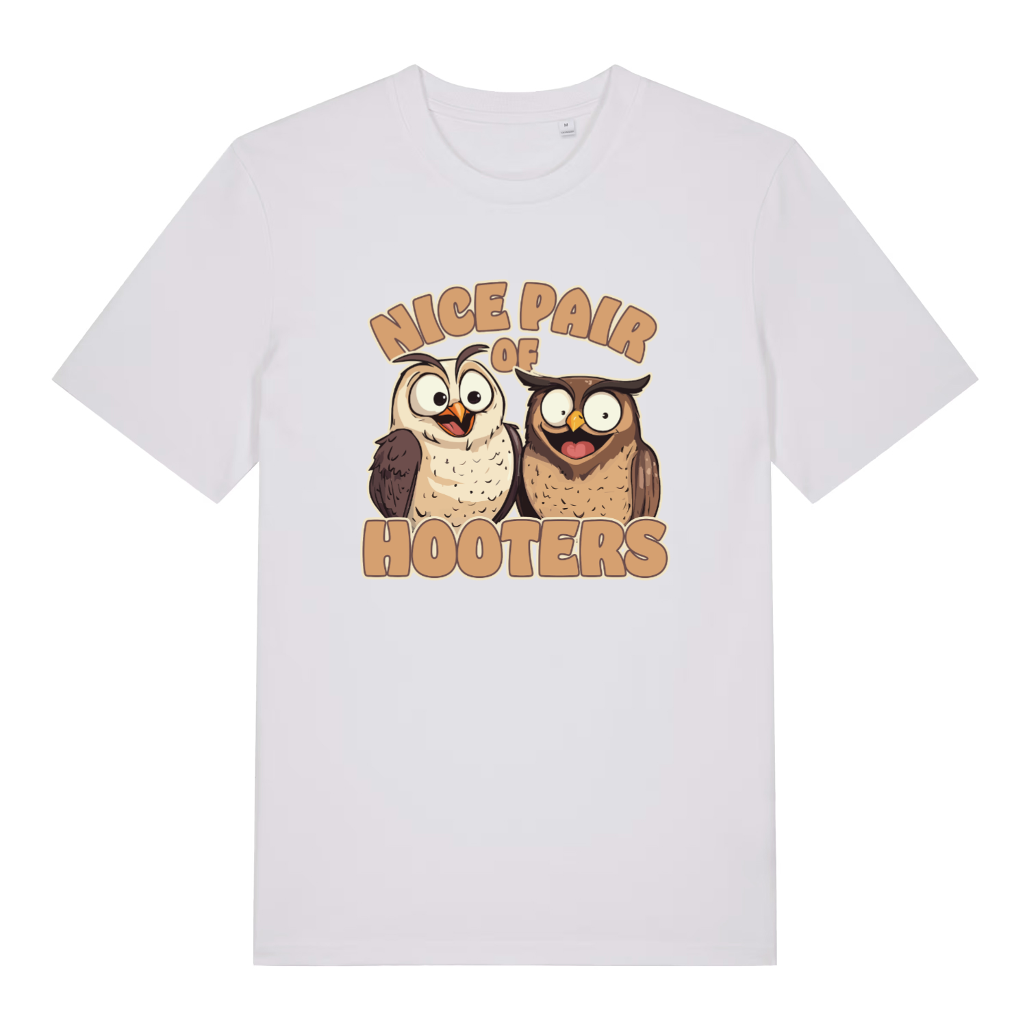 white matching t-shirt with the graphic of two owls and the slogan 'nice pair of hooters'