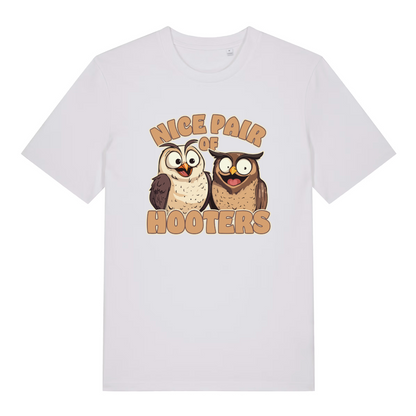 white matching t-shirt with the graphic of two owls and the slogan 'nice pair of hooters'