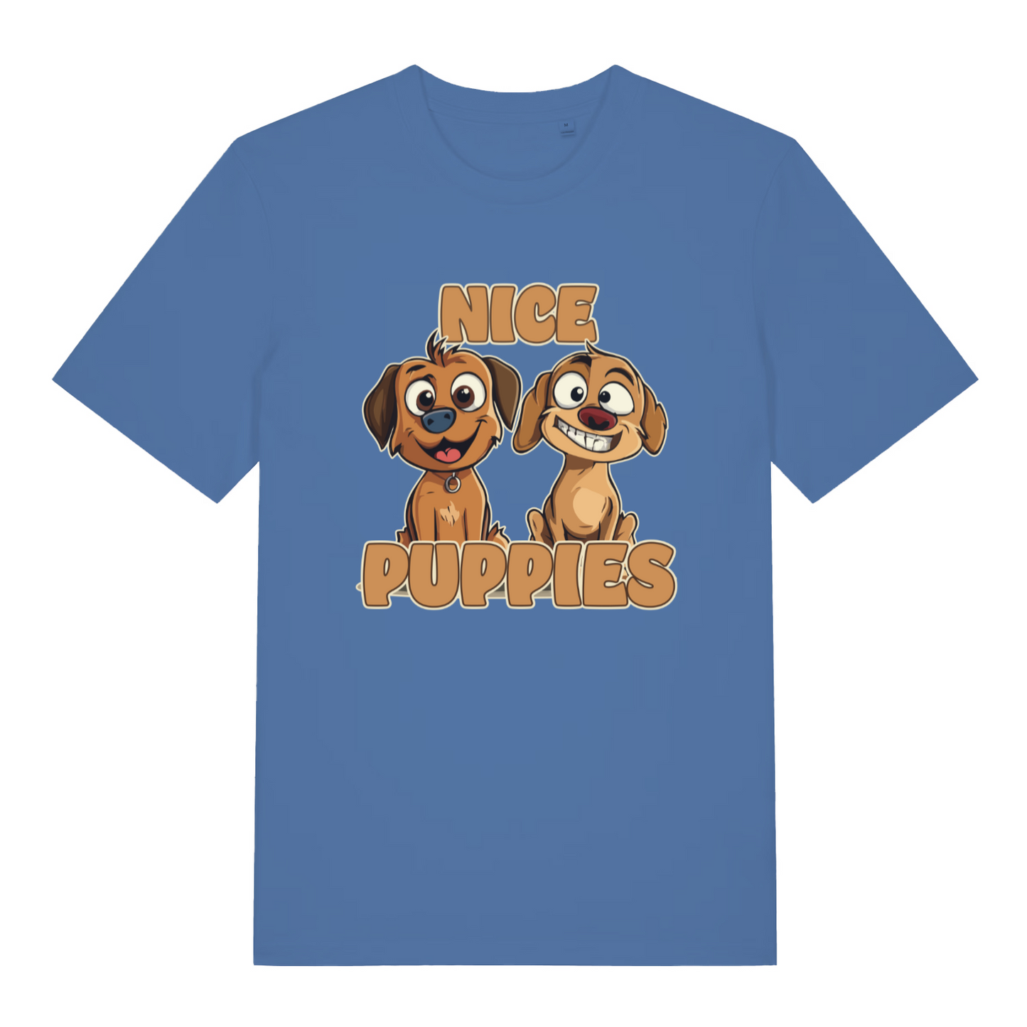 blue matching t-shirt with the graphic of two puppies and the slogan 'nice puppies'