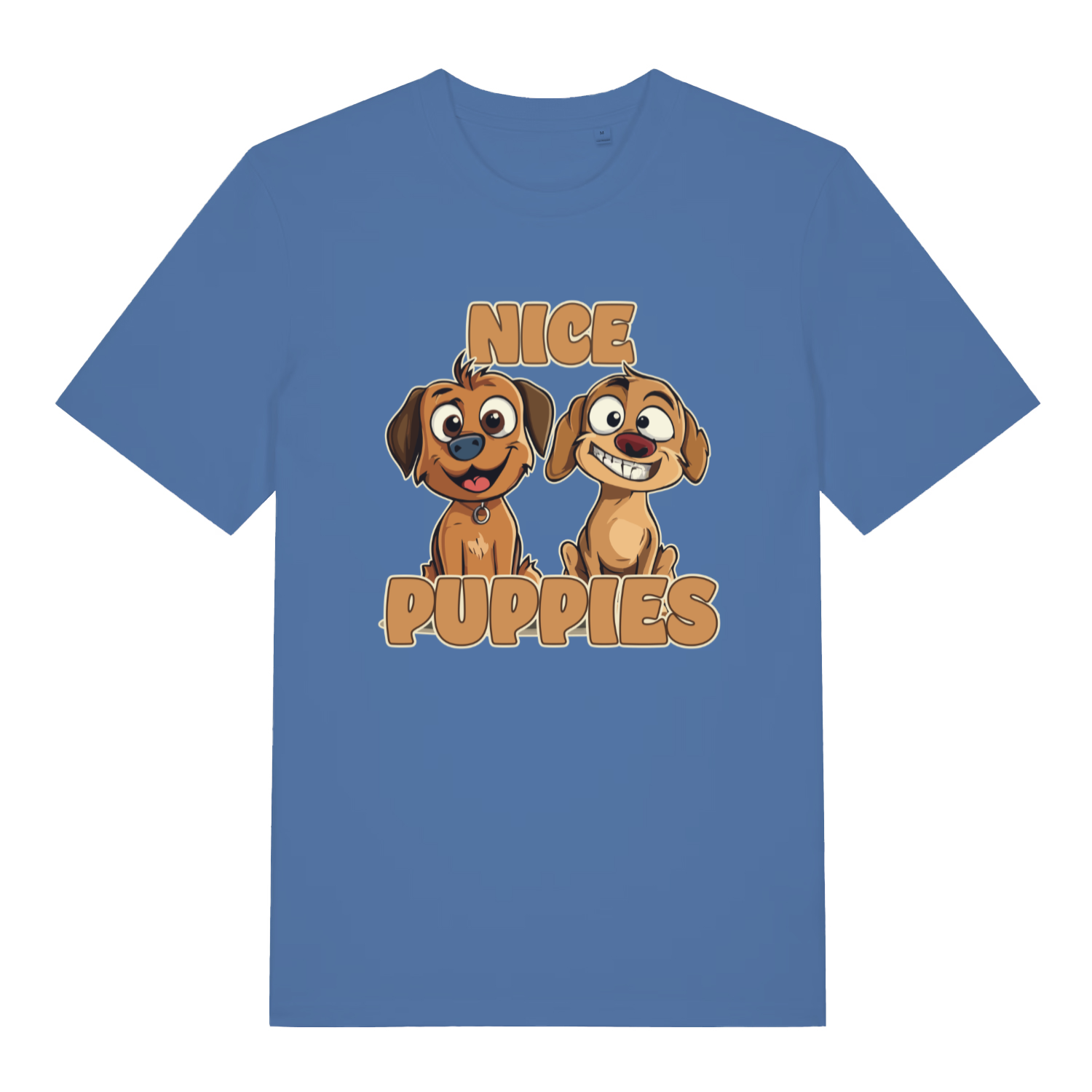blue matching t-shirt with the graphic of two puppies and the slogan 'nice puppies'