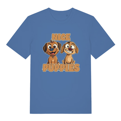 blue matching t-shirt with the graphic of two puppies and the slogan 'nice puppies'
