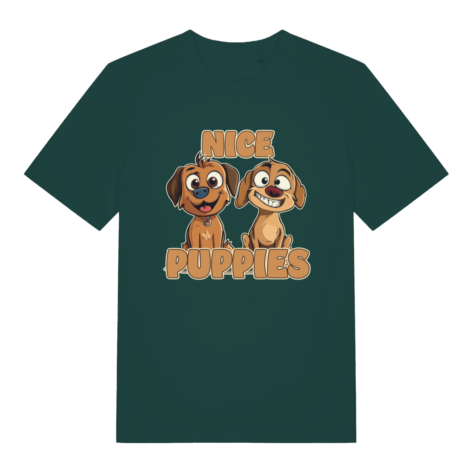 green matching t-shirt with the graphic of two puppies and the slogan 'nice puppies'