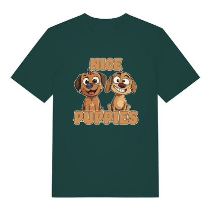 green matching t-shirt with the graphic of two puppies and the slogan 'nice puppies'