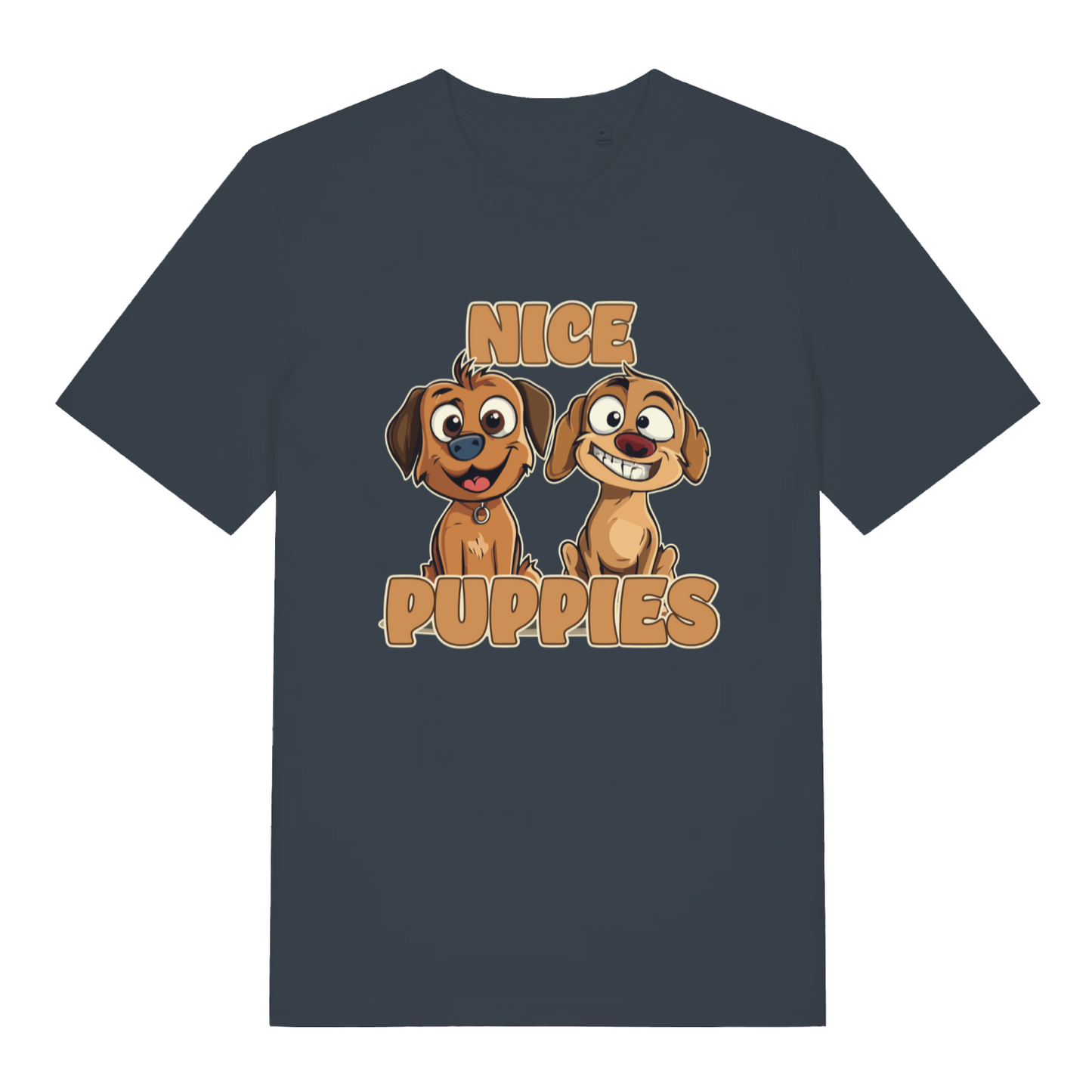 ink grey matching t-shirt with the graphic of two puppies and the slogan 'nice puppies'