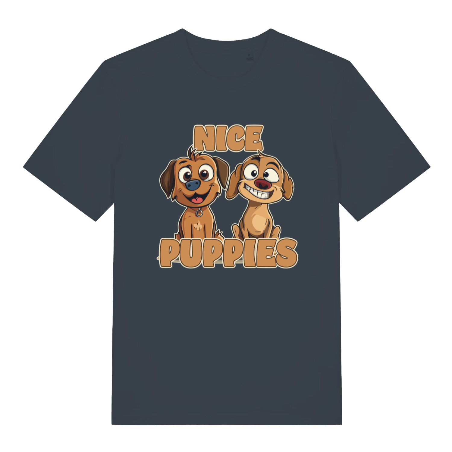 ink grey matching t-shirt with the graphic of two puppies and the slogan 'nice puppies'