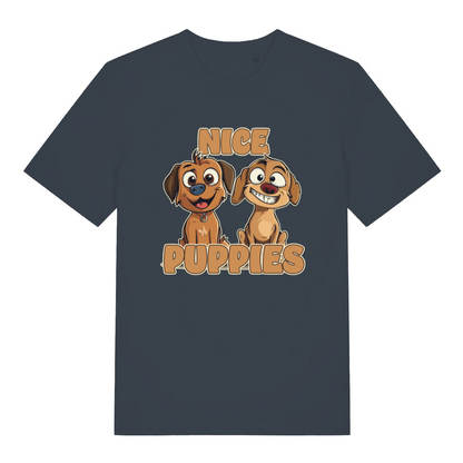 ink grey matching t-shirt with the graphic of two puppies and the slogan 'nice puppies'