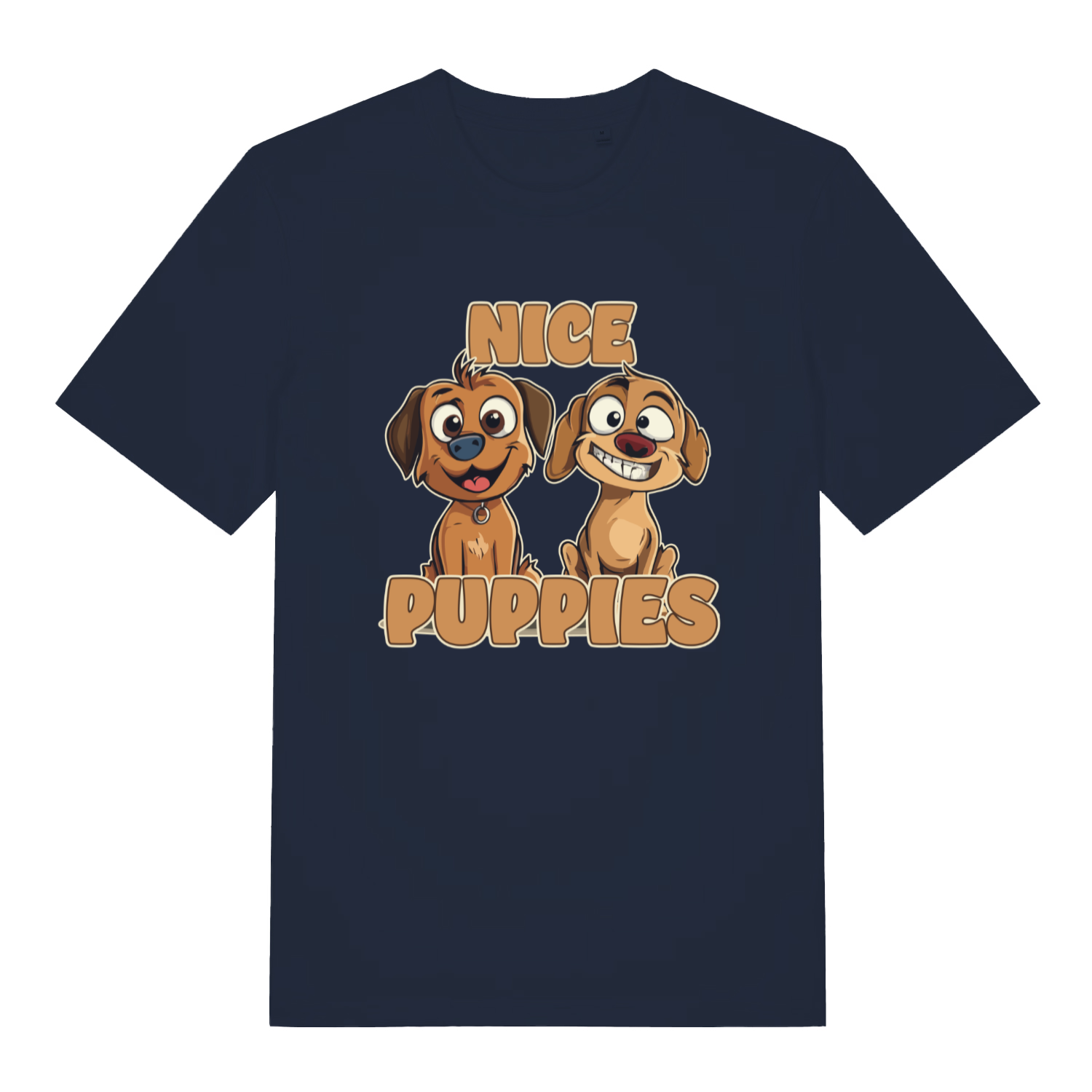 navy matching t-shirt with the graphic of two puppies and the slogan 'nice puppies'