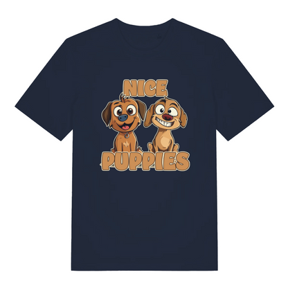 navy matching t-shirt with the graphic of two puppies and the slogan 'nice puppies'