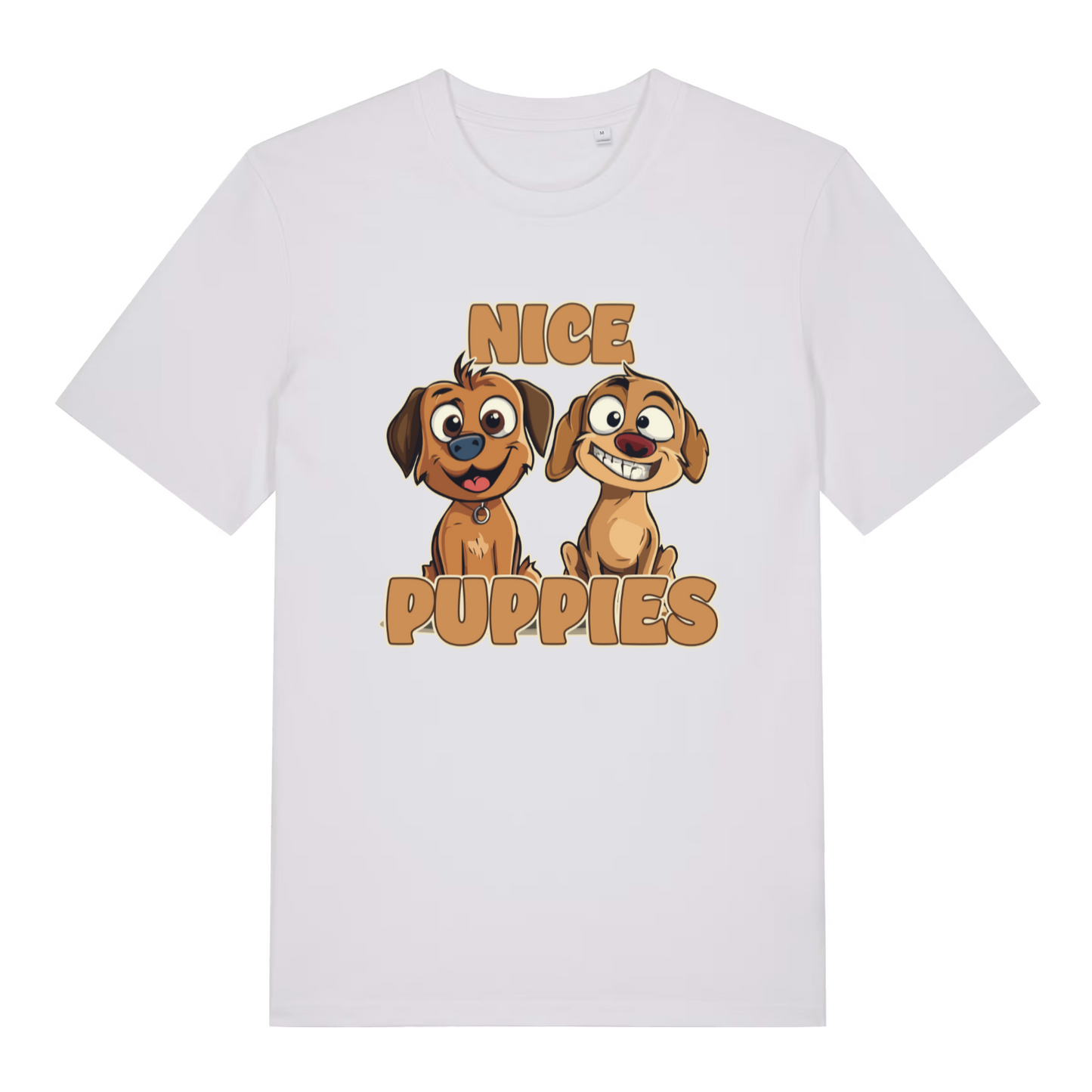 white matching t-shirt with the graphic of two puppies and the slogan 'nice puppies'