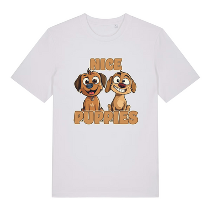 white matching t-shirt with the graphic of two puppies and the slogan 'nice puppies'