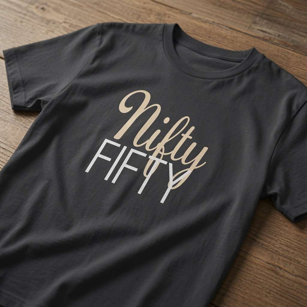 Black Nifty Fifty t-shirt laid flat on a wooden surface showing the elegant script slogan, fun 50th birthday slogan gift design that every no-nonsense lady will claim