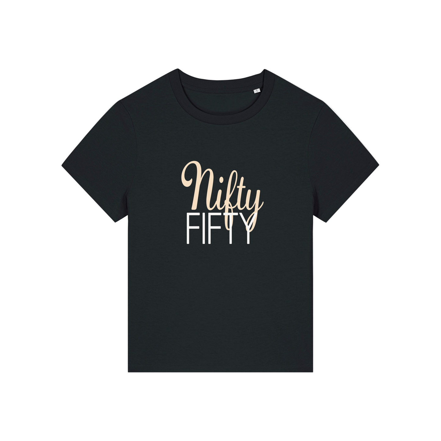 black slogan t-shirt that reads 'nifty fifty'