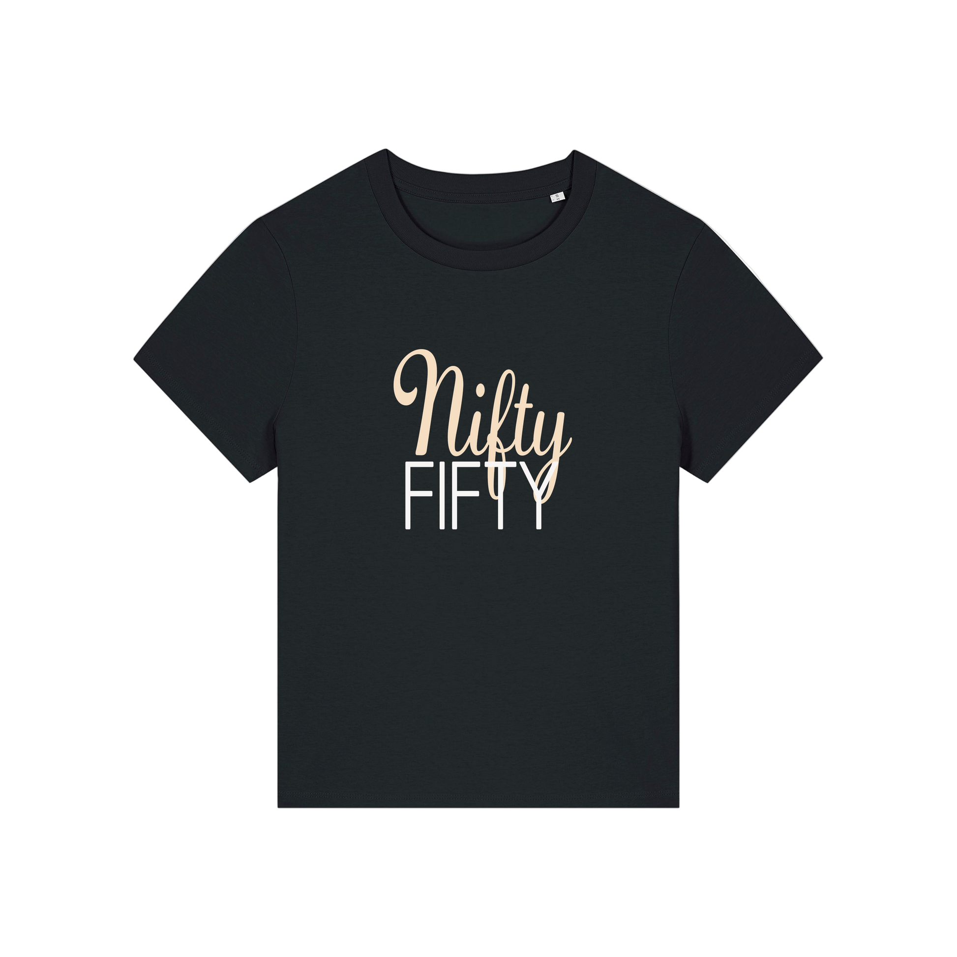 black slogan t-shirt that reads 'nifty fifty'