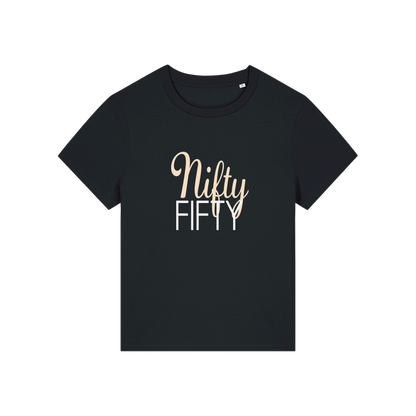 black slogan t-shirt that reads 'nifty fifty'