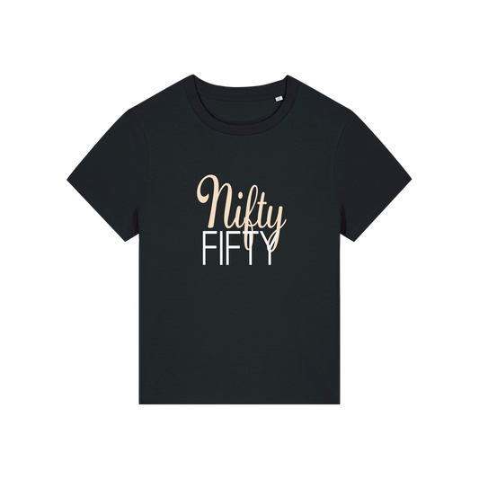 black slogan t-shirt that reads 'nifty fifty'