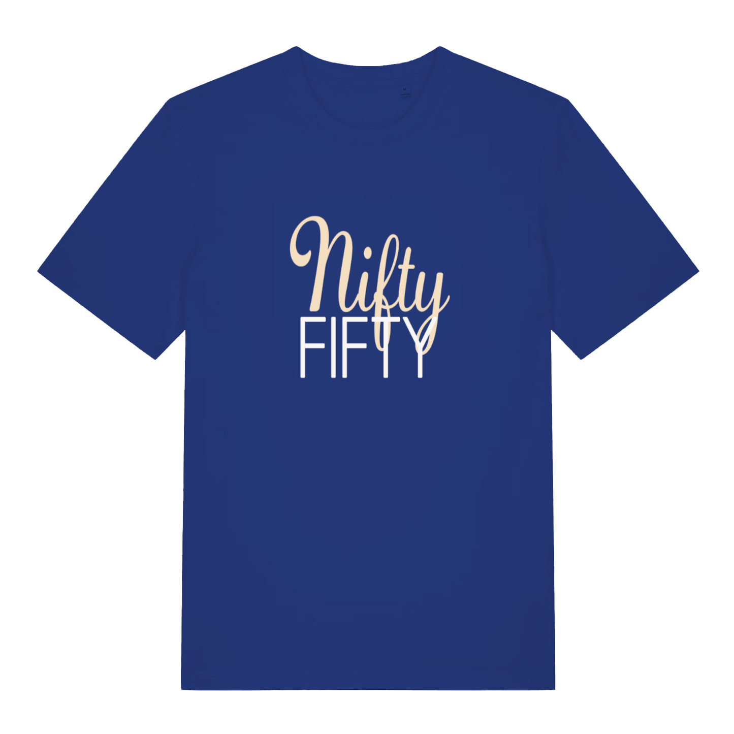 Blue Nifty Fifty funny slogan t-shirt featuring stylish 50th birthday design  