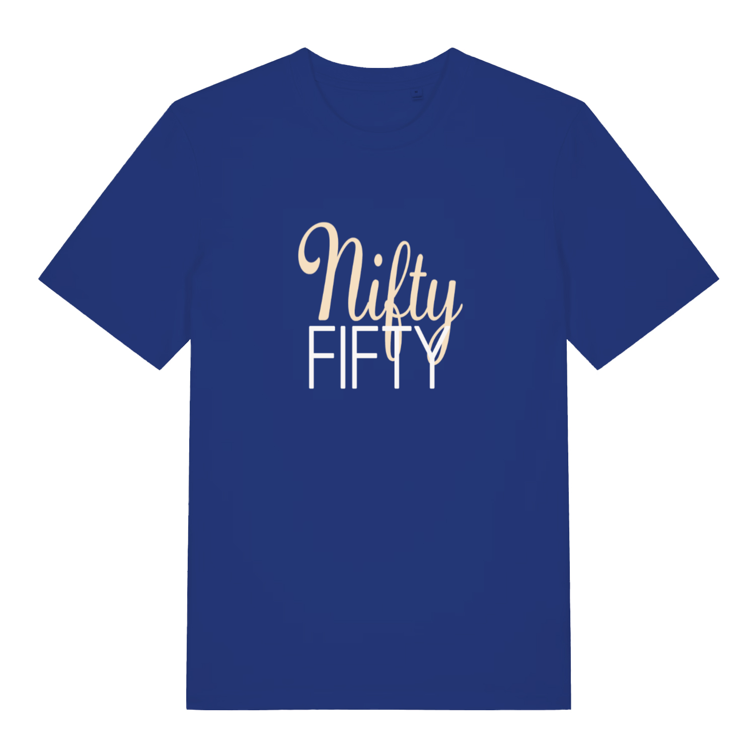 Blue Nifty Fifty funny slogan t-shirt featuring stylish 50th birthday design  