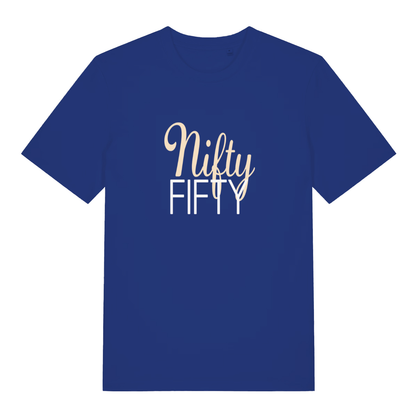 Blue Nifty Fifty funny slogan t-shirt featuring stylish 50th birthday design  