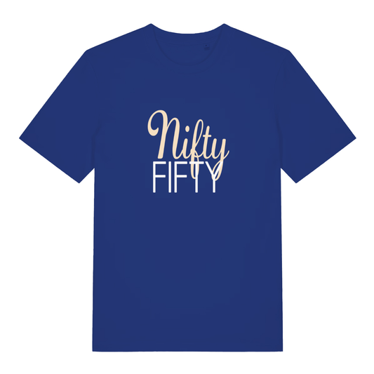 Blue Nifty Fifty funny slogan t-shirt featuring stylish 50th birthday design  