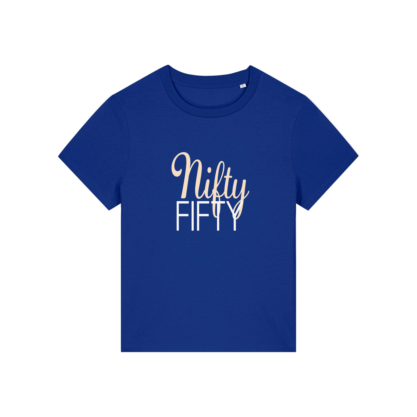 blue slogan t-shirt that reads 'nifty fifty'