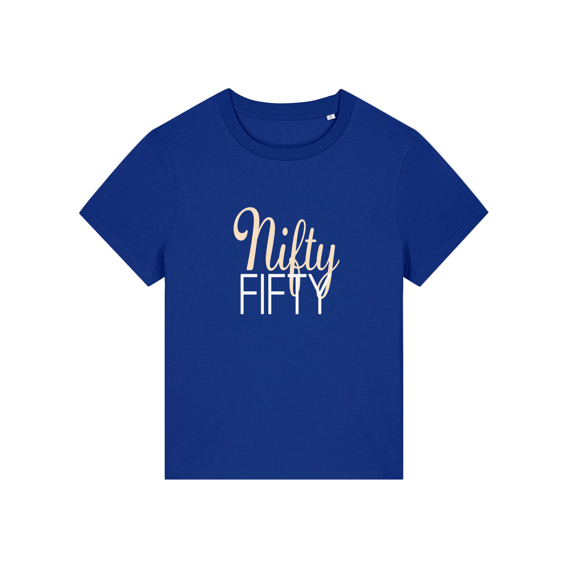 blue slogan t-shirt that reads 'nifty fifty'