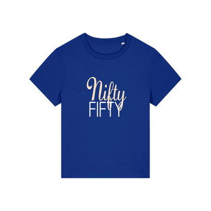 blue slogan t-shirt that reads 'nifty fifty'