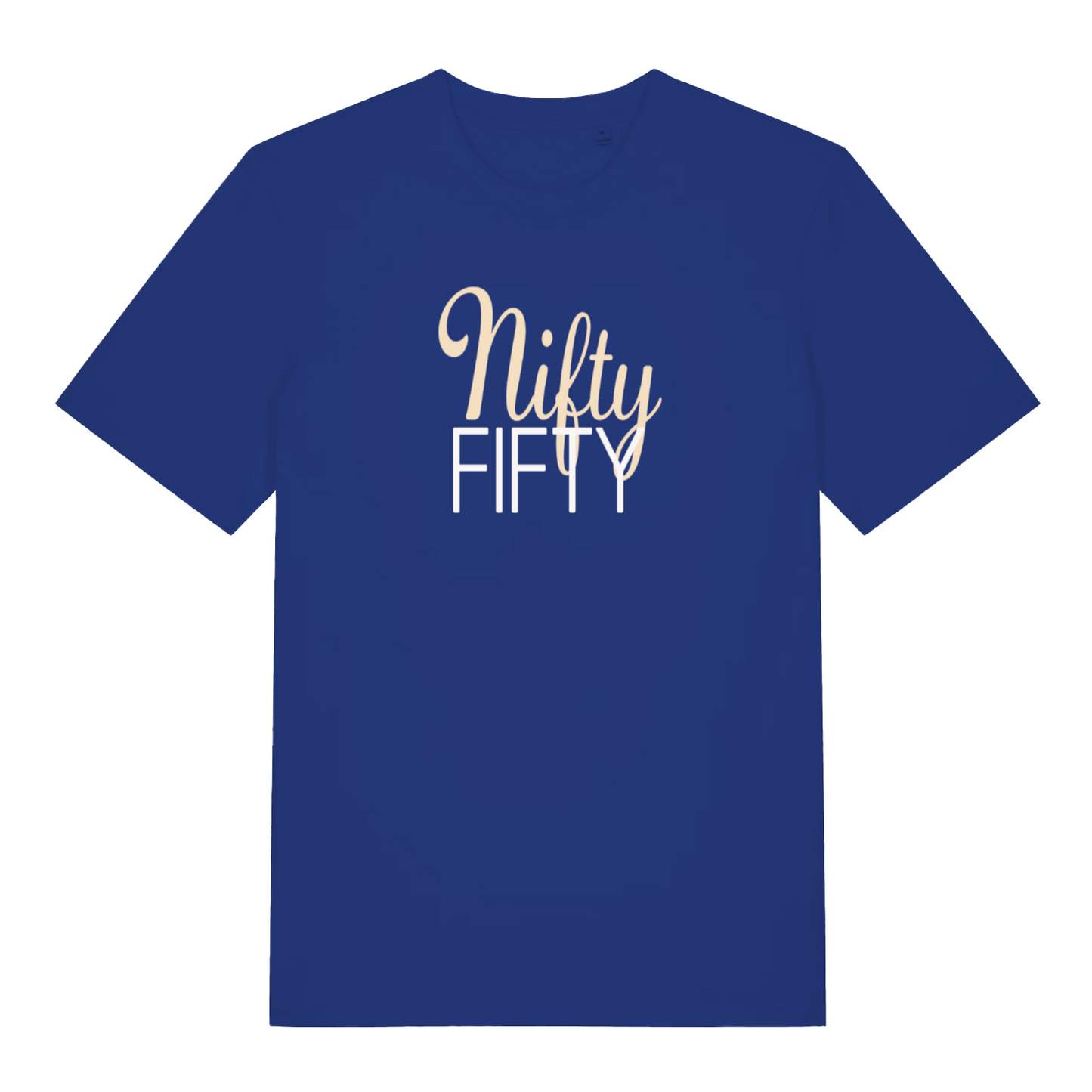 blue women's slogan t-shirt with the text 'nifty fifty'