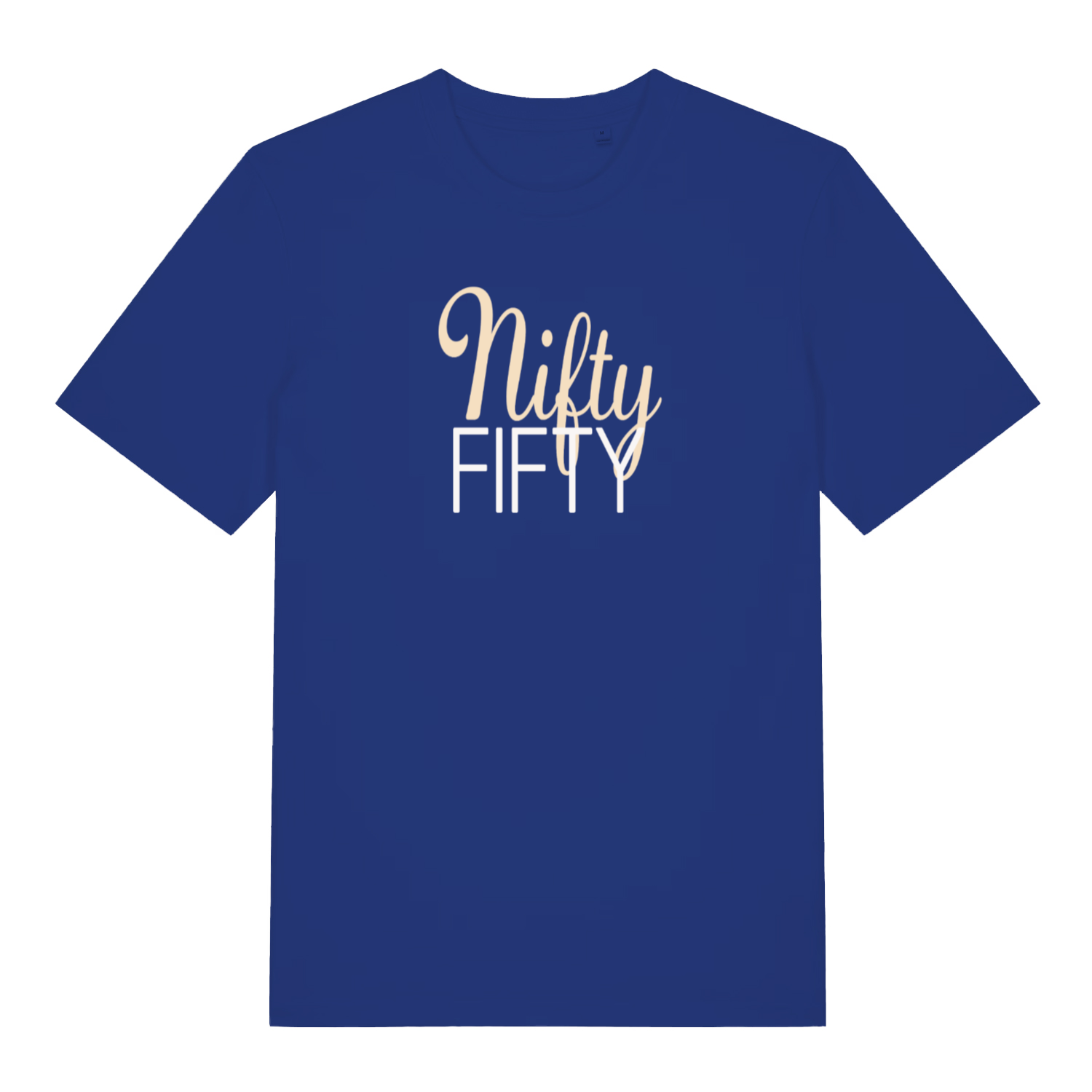 blue women's slogan t-shirt with the text 'nifty fifty'
