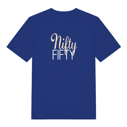 blue women's slogan t-shirt with the text 'nifty fifty'