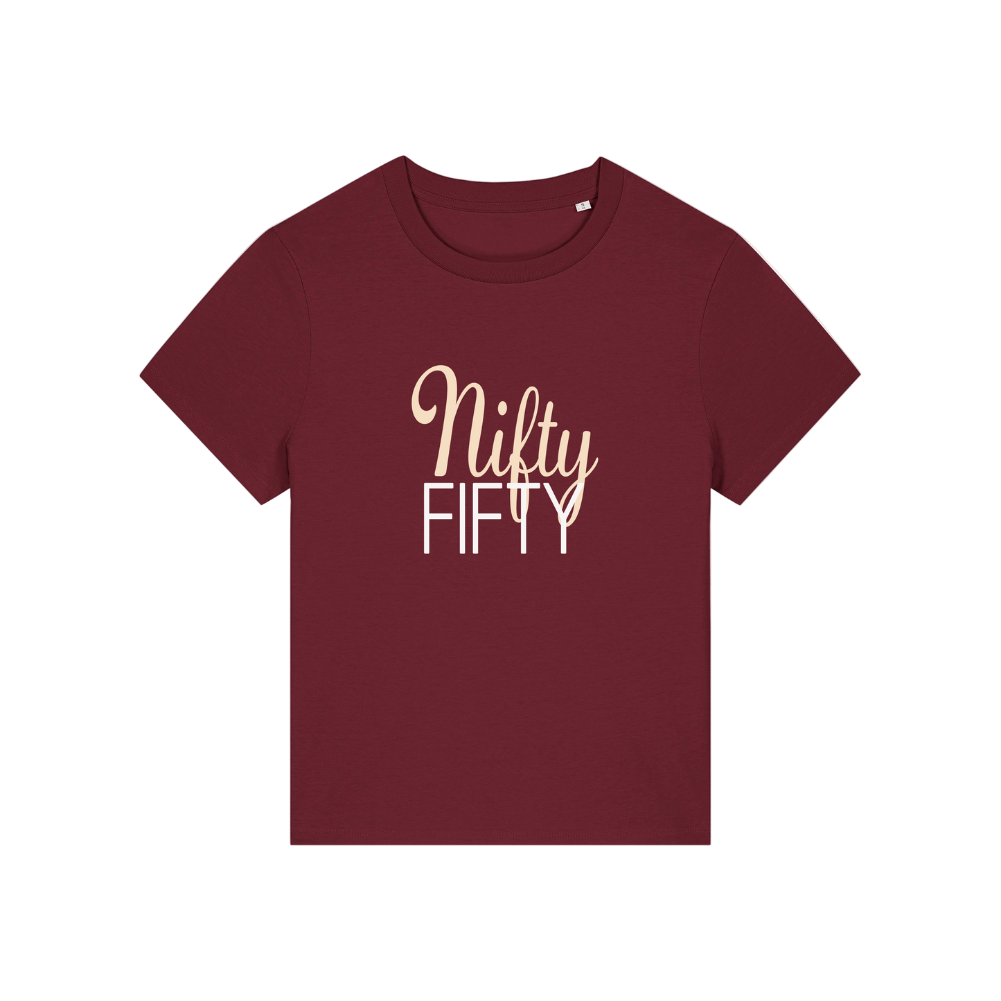 burgundy slogan t-shirt that reads 'nifty fifty'