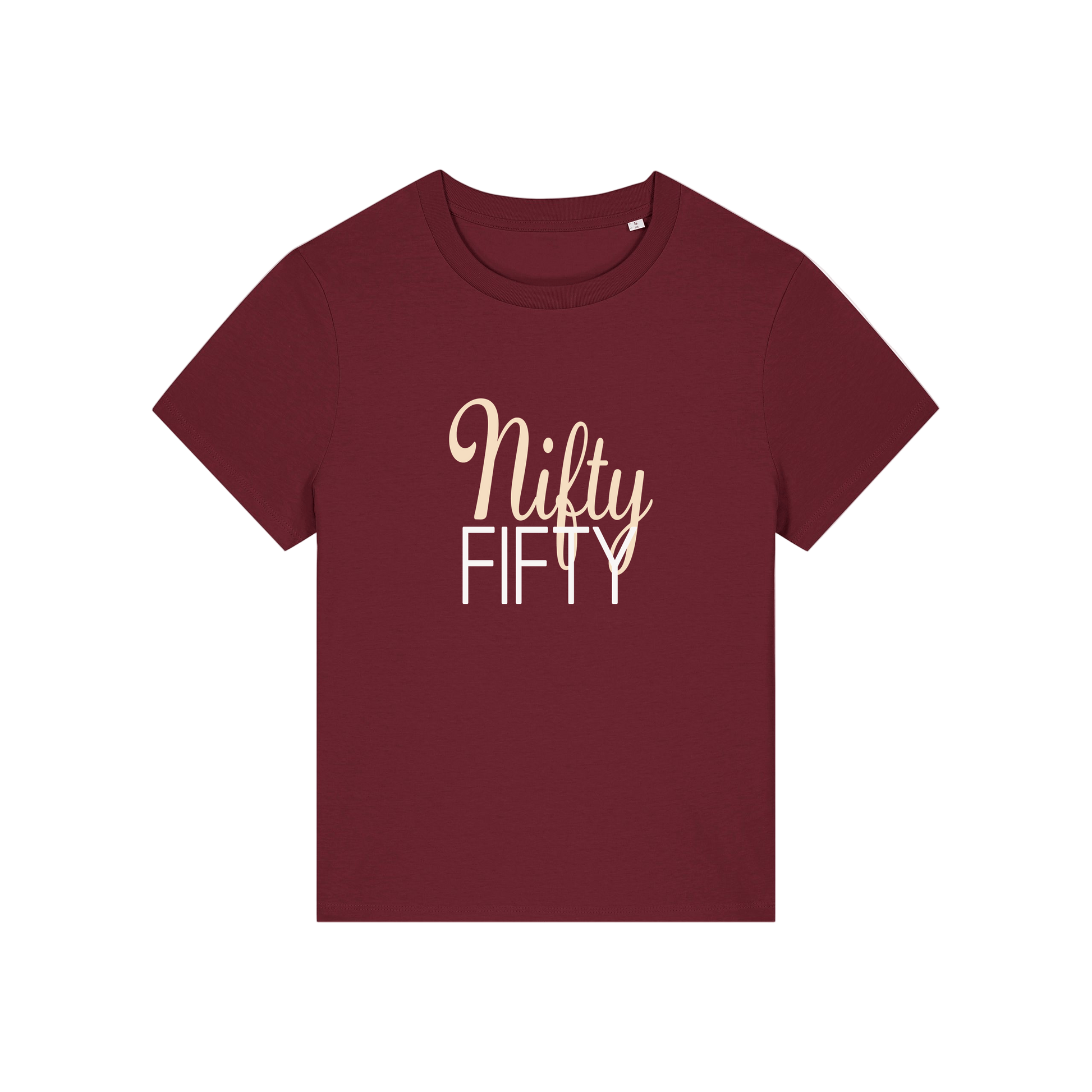 burgundy slogan t-shirt that reads 'nifty fifty'