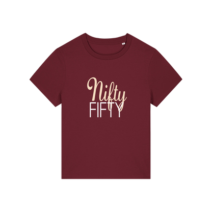 burgundy slogan t-shirt that reads 'nifty fifty'
