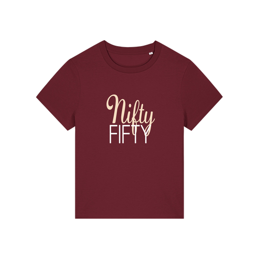 burgundy slogan t-shirt that reads 'nifty fifty'