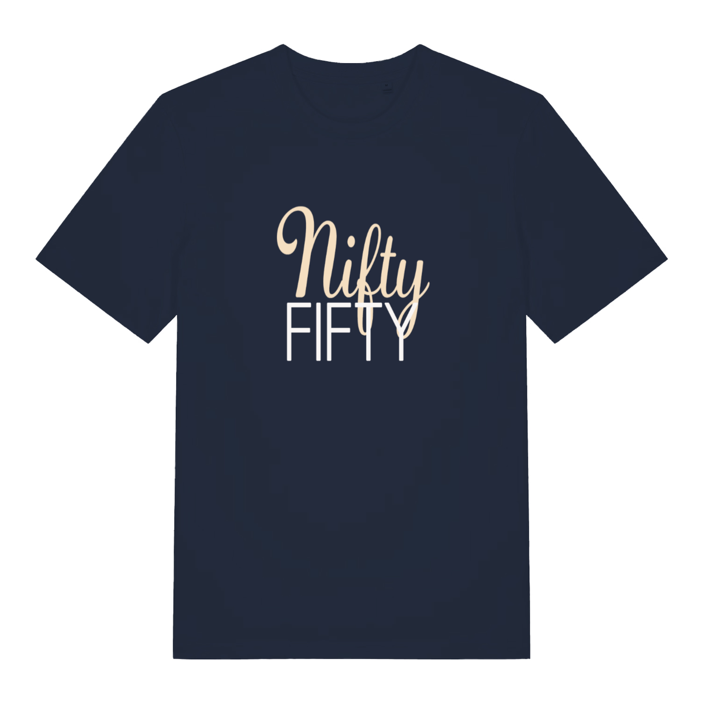Navy Nifty Fifty funny slogan t-shirt with bold age milestone text  