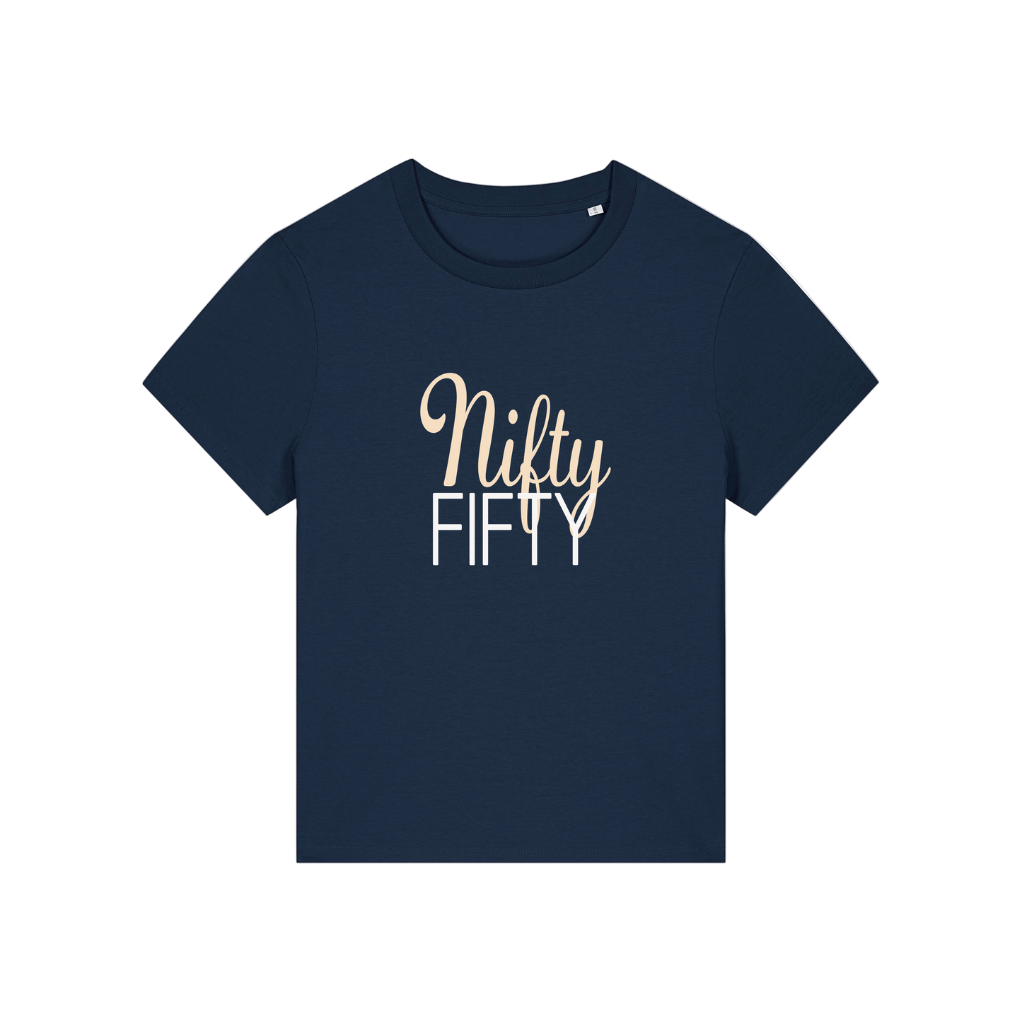 navy slogan t-shirt that reads 'nifty fifty'
