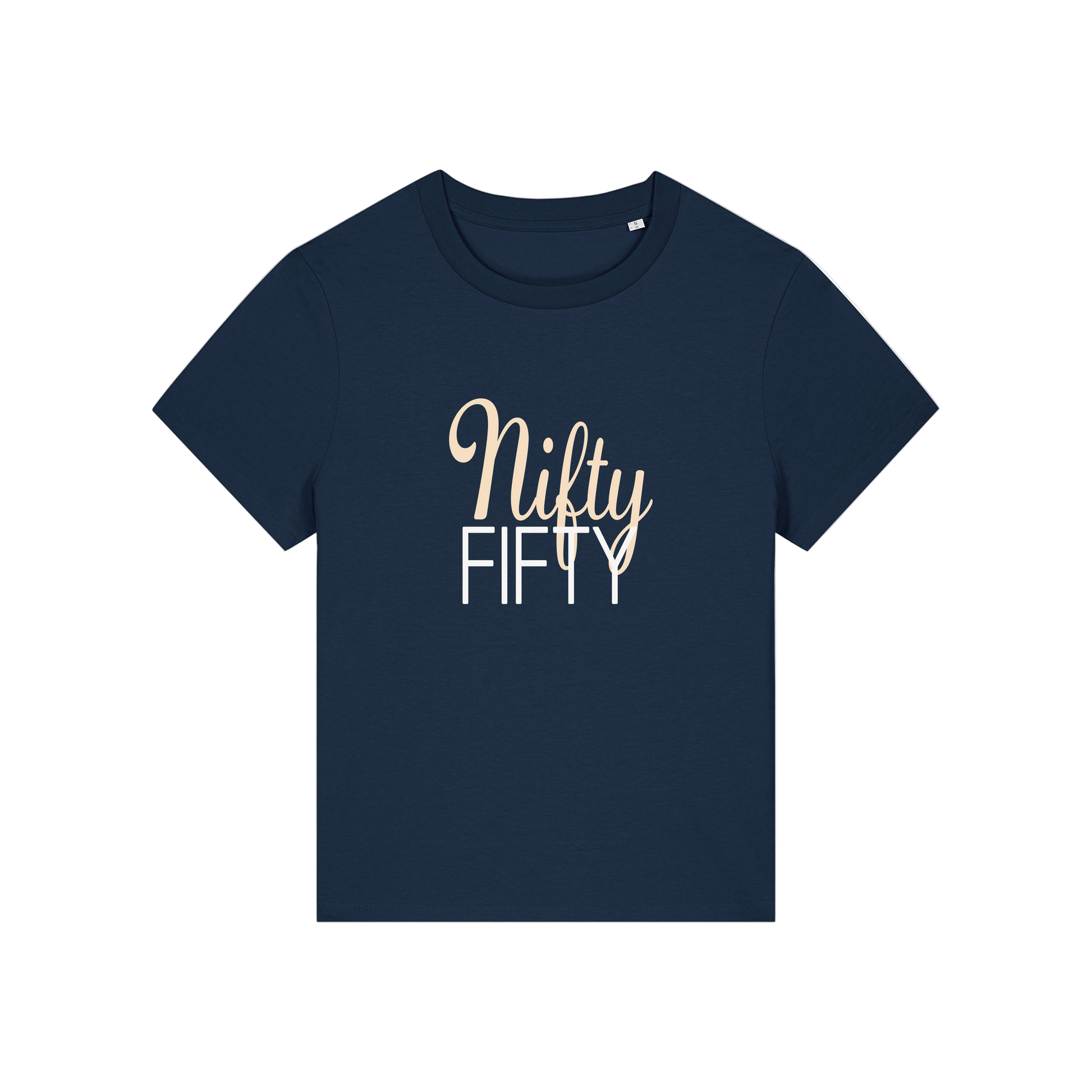navy slogan t-shirt that reads 'nifty fifty'