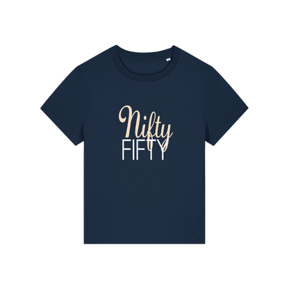 navy slogan t-shirt that reads 'nifty fifty'