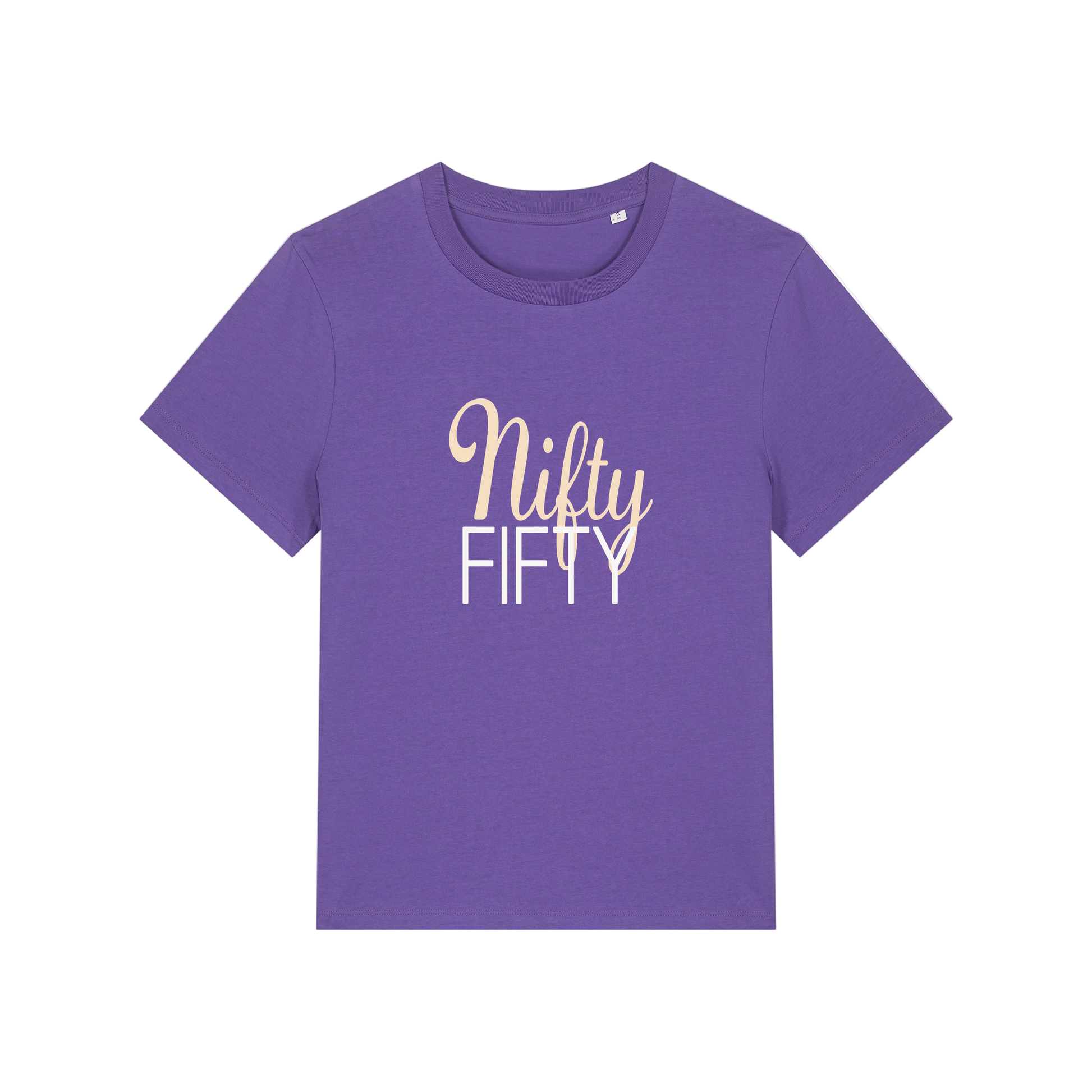 purple slogan t-shirt that reads 'nifty fifty'